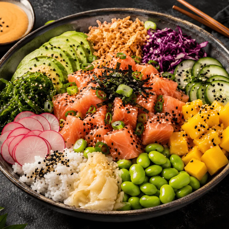 Poké bowl med lax, ris, mango, avokado och grönsaker